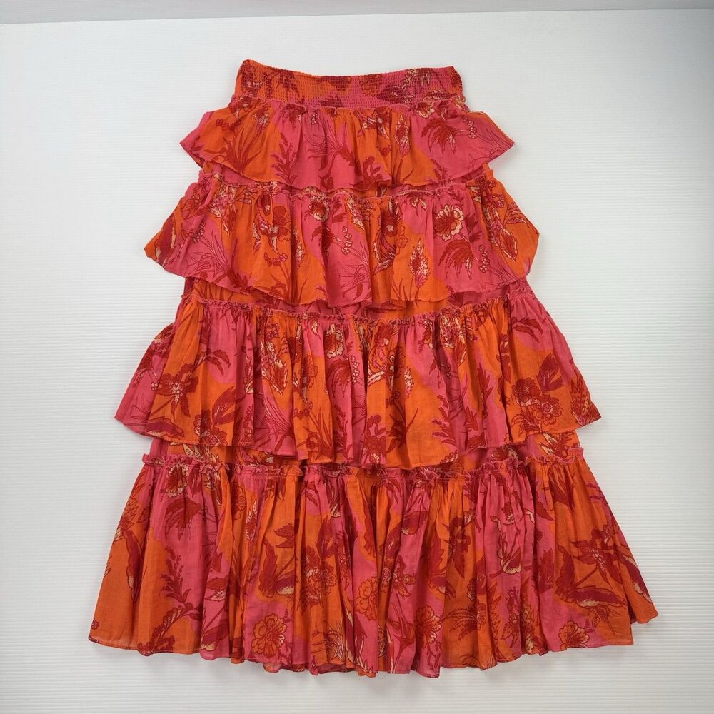 Free People Sawyer Maxi Skirt M Pink Orange Tropical Tiered Ruffle Boho Cotton - Picture 2 of 10